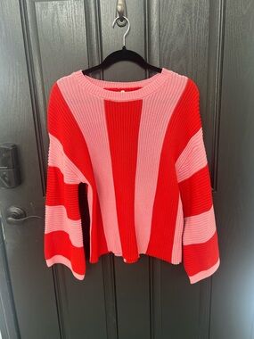 Amazon Women's Oversized Sweater in Red and Pink Wide Stripes